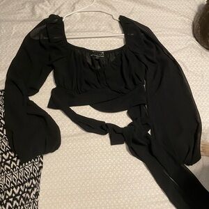 Blue Blush Black Tie Front Puffed Sleeve Blouse